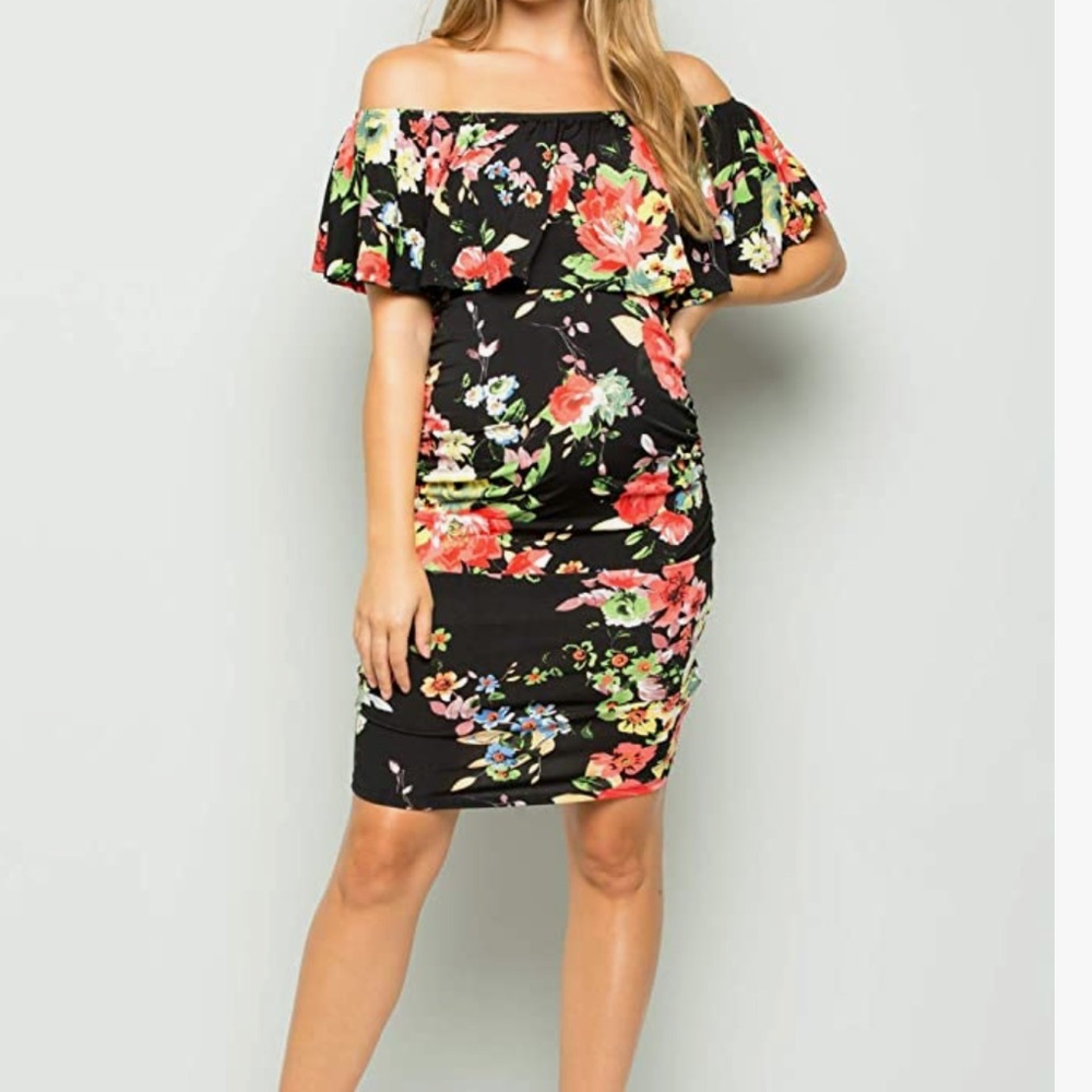 Off Shoulder Floral Maternity Dress - Ruched Ruffle - Picture 4 of 5